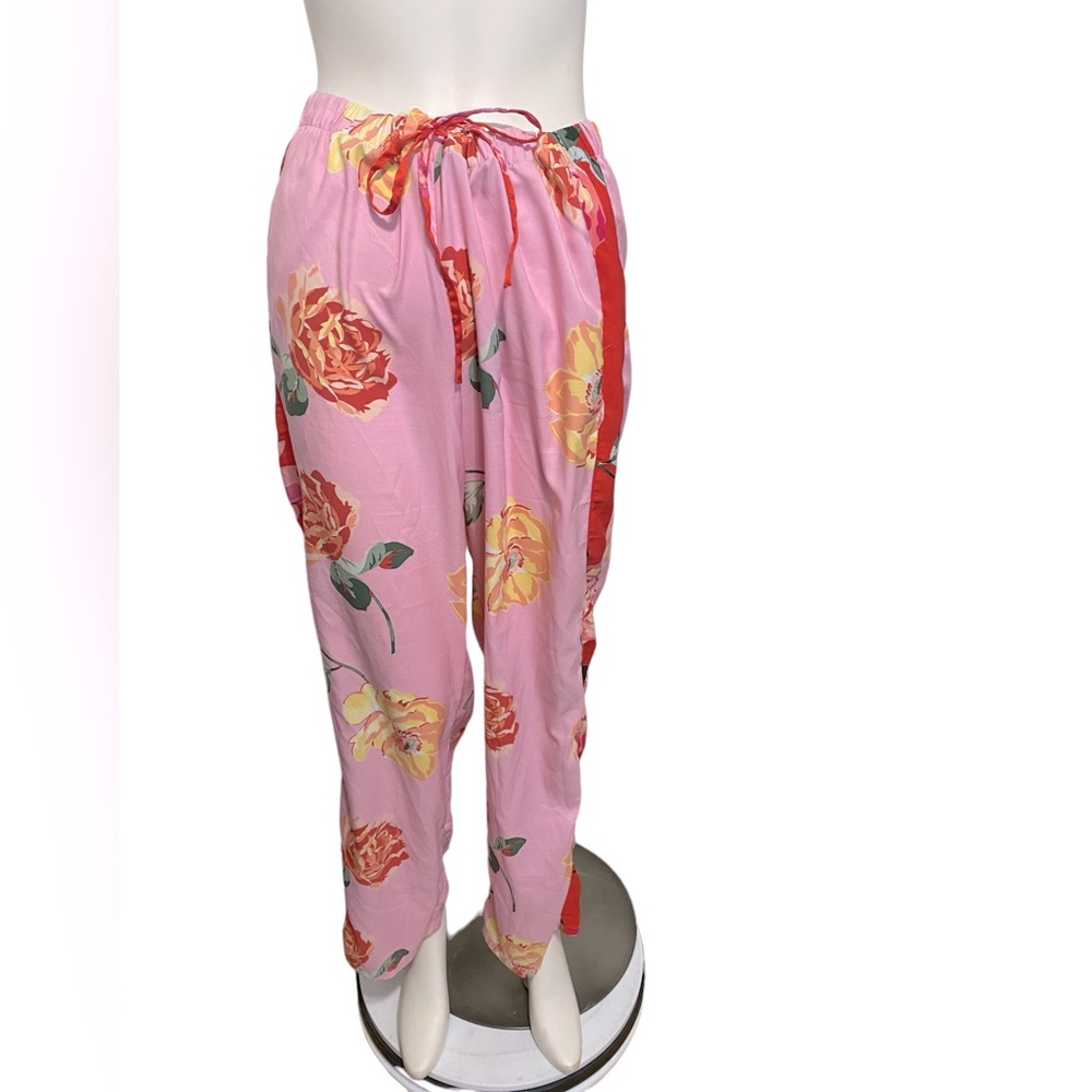 VICTORIA'S SECRET Pink Orange Floral Drawstring Silky Lounge Casual PJ Pants L